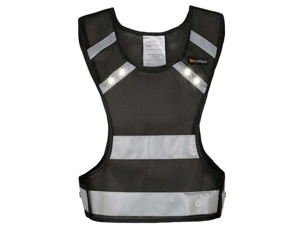 heyReflect Sport refleksvest i sort med reflekterende detaljer og indbygget LED-lys