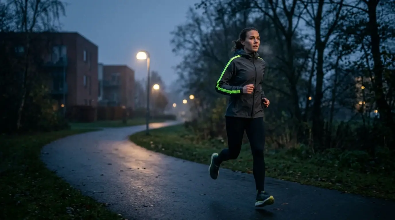 Kvindelig løber i grå løbejakke med neongult refleksbånd på ærmet, på en våd sti i tåget tusmørke