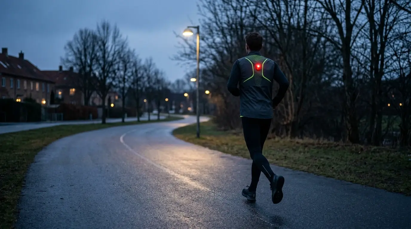 Løber set bagfra med en vest med rødt lysende LED-lys og grønne refleksbånd på en mørk villavej